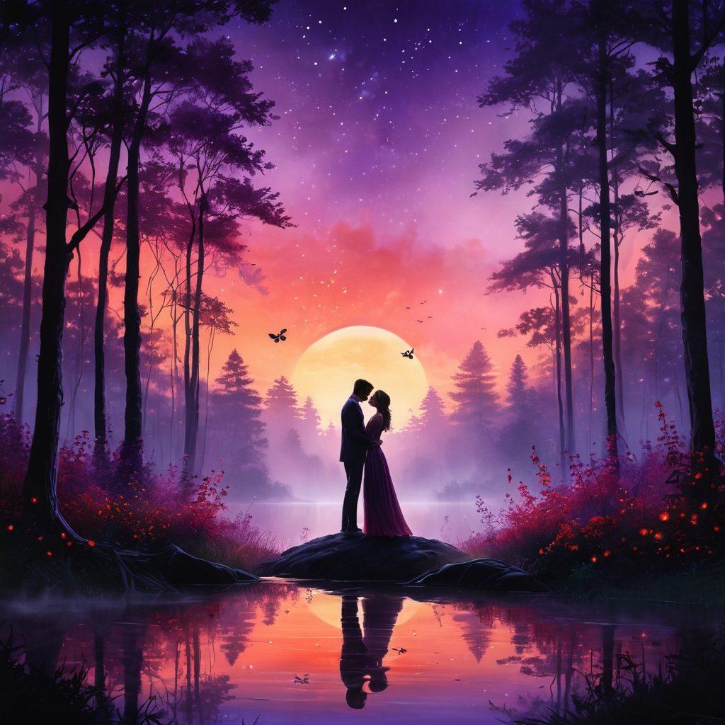 A whimsical forest scene at twilight, illuminated by delicate fireflies, where soft, flowing silhouettes of couples are entwined in passionate embraces. Rich, deep colors of purple and red evoke a sense of romance and lust, while suggestive yet tasteful hints of nature's sensuality surround them. Ethereal mist adds mystery, creating an inviting atmosphere. super-realistic. vibrant colors. dreamlike imagery.