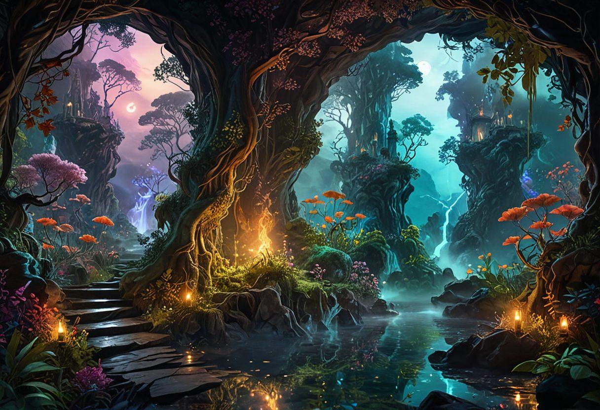 A visually striking split image showcasing a mystical fantasy world on one side, with ethereal elements like swirling mists and enchanting landscapes, and a contrasting realistic adult film set on the other, capturing the intensity of seductive performances. Soft glowing lights blend the two sides, symbolizing the fine line between fantasy and reality. Emphasize vivid colors and rich textures for both realms. 3D effect. vibrant colors.