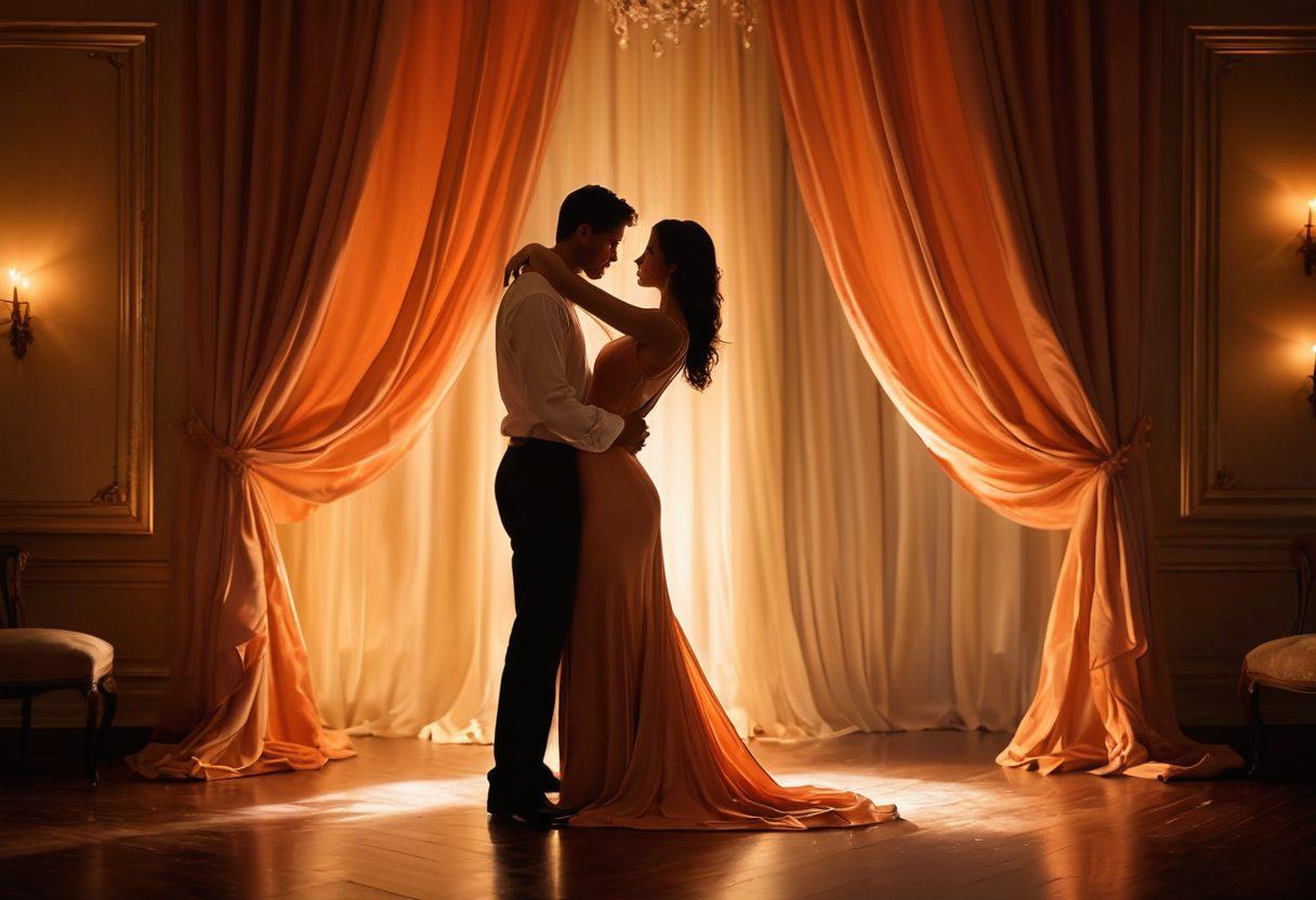 An elegant, dimly lit room adorned with rich drapes and soft candlelight, featuring a silhouette of a couple engaged in a flirtatious dance, surrounded by tasteful art pieces that evoke sensuality. The atmosphere is filled with warmth and intrigue, enhancing the theme of adult entertainment and sensuality. Add an artistic touch with soft, flowing lines and warm color hues. painting. soft focus.